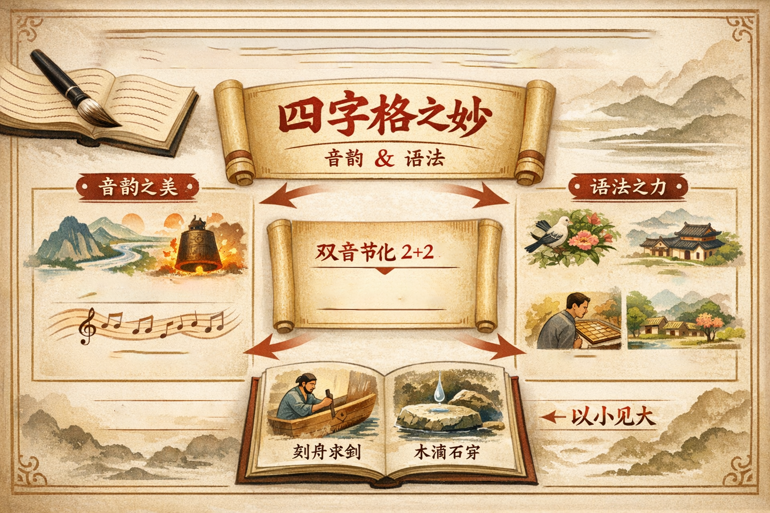 言語学の内部構造から分析すると、四字構造の持続的な成功は中国語の音韻法則と文法特性への完璧な適合によるものです。中国語語彙の発展における重要な傾向は「二音節化」です。単音節語は意味があいまいで発音が短いことが多く、三音節語はやや引きずるように感じられますが、二音節語だけが最も安定しています。四字句はまさに二つの二音節語（2+2構造）の完璧な組み合わせであり、聴覚における自然な対称性とバランスを形成します。